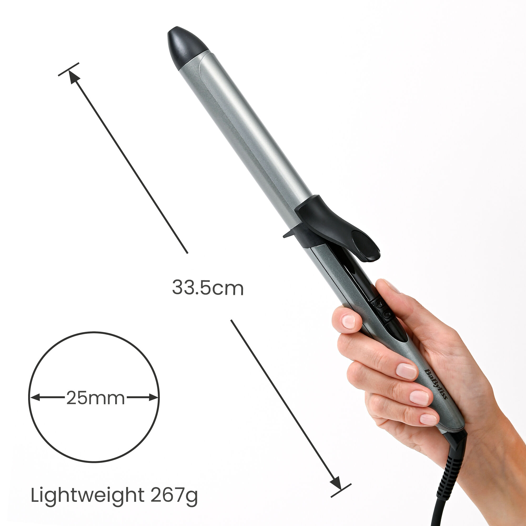 33.5cm long.  25mm diameter.  Lightweight 267g.